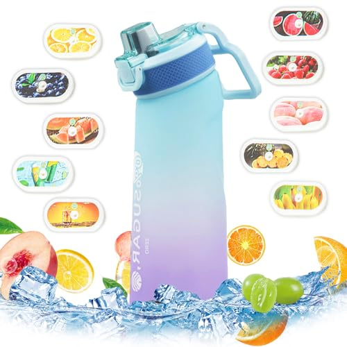 Fychuo Water Bottle, 700ml BPA Free Drinking Bottles with 10 Random Flavour Pods Scented 0 Sugar Calorie, Water Cup with Straw for Gym School Outdoor (Blue Purple)