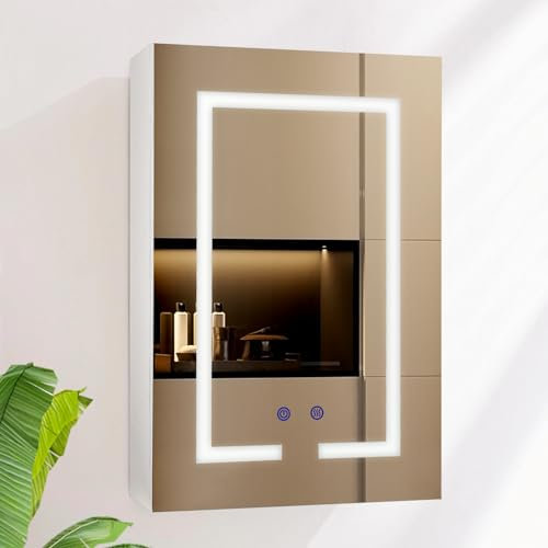 AxisFurn Badezimmer-Spiegelschrank mit LED-Beleuchtung und 6000K Klarlicht, 3 verstellbare Lichtmodi, Spiegelschrank mit Glasablage und integrierter Steckdose, Anti-Beschlag Wandschrank (40×60cm)