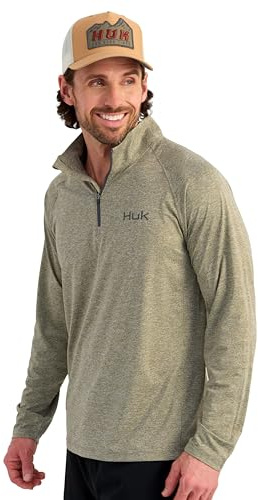 HUK Mens Airweight 1/4 Zip, Lightweight Performance Long Sleeve Pullover with UPF Sun Protection, Heather Moss, Large