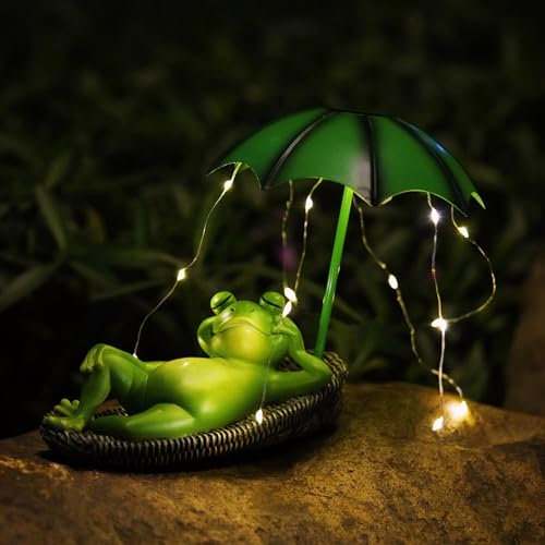 Solar Outdoor Statues,Frogs Outdoor Decor Solar Garden Statue with Umbrella String Lights Waterproof Garden Ornaments Outdoor Solar Frog Statues Decor for Pathway Yard Lawn Patio,Housewarming Gift