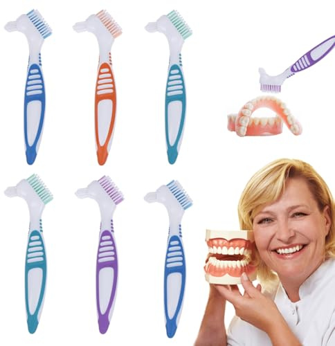 QSZHSL 6 Pièces Brosse Nettoyage Prothèse Dentaire, Brosse à Dents Dentier Portable, Brosse Nettoyage Dentier Ergonomique Portable, Têtes Double Angle, Brossette Nettoyante pour Dentier, Aligneurs