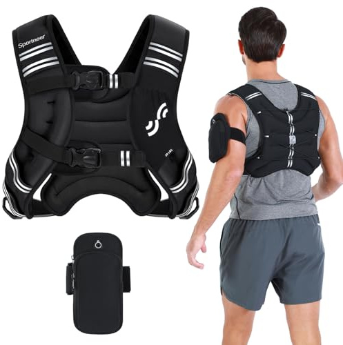 Sportneer Gilet zavorrato con strisce riflettenti per sollevamento pesi, corsa e fitness 3,6 kg/5,4 kg/6,8 kg/9 kg/11 kg, taglia petto regolabile, tasca pratica, gilet zavorrato riempito