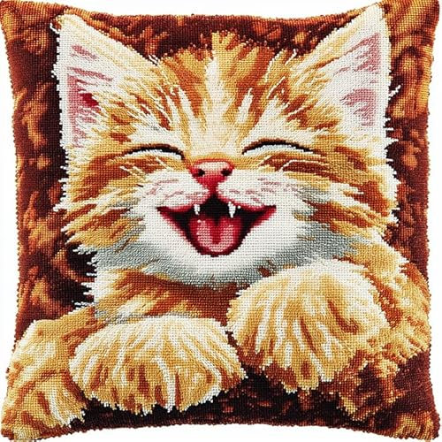 WallustrioaW süße Tiere Knüpfkissen Set,Latch Hook Kissen Kit,lächelnde Katze,3D Handgemachte Geschenke Knüpfteppich Für Kinder Und Erwachsene Knüpfset,43x43cm