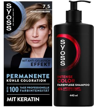SYOSS Coloration 7_5 Mittelaschblond (115 ml), mit Keratin, 100% Grauabdeckung & Gliss Shampoo Colour Perfector (250 ml), Haarshampoo für coloriertes und gefärbtes Haar