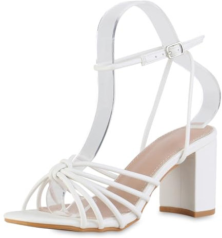 VAN HILL Damen Riemchensandaletten Blockabsatz Basic Party Schuhe 216959 Weiss 39