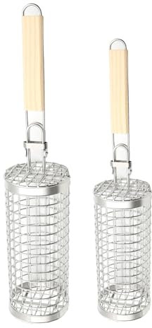 Cesta para barbacoa Rolling, cestas de barbacoa para exteriores, juego de 2 herramientas de barbacoa de acero inoxidable con mango de madera para acampar al aire libre