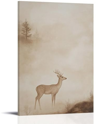 LXQXMNPP Un cervo solitario in piedi sotto la nebbia del mattino presto, corna che si estendono verso un cielo pallido di farina d'avena. Decorazione da parete moderna da appendere, stampa artistica