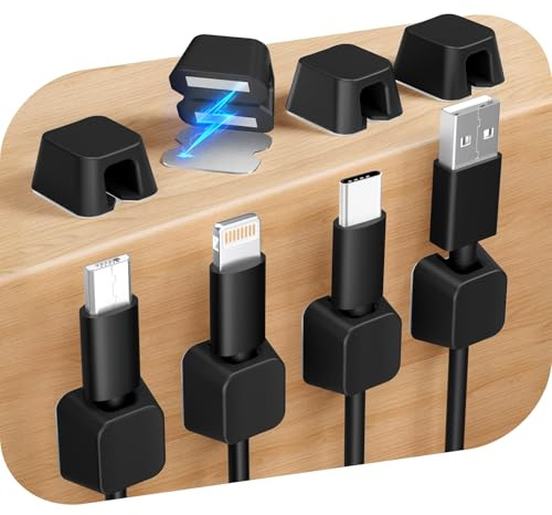 Viaky Magnetic Cable Clips, 8 Pcs Cable Management Holder Clips, Black | Magnetic Cable Organiser Clips, With Adhesive Metal Plate, Cable Tidy for USB HDMI Charger, Wire Holders for Cables Up to 8mm