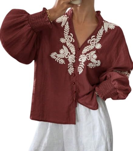 Juankrynord Camisa Elegante Informal de Manga Larga con Cuello en V Bordada y Abotonada para Mujer Ideal para Oficina Negocios Trabajo Holgada con Volantes y Estampado Floral (Wine,S)