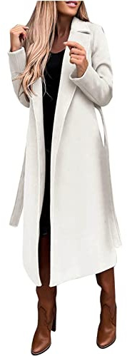 FUPODD Wintermantel Damen Lang Elegant Wollmantel Winter Damen-Mäntel Mit Gürtel Winterjacke Warm Trenchcoat Revers Damenmantel Übergang Lange Mantel Frauen Casual Jacke Outwear Einfarbig Wintercoat