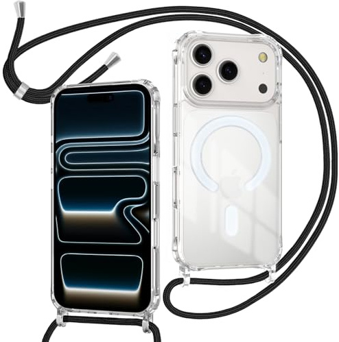 ZYIMOU Coque pour iPhone 17 Pro Max avec Cordon Compatible avec MagSafe, Housse Magnétique Transparente Étui avec Collier Réglable Résistant Silicone Case, Chaîne Noir