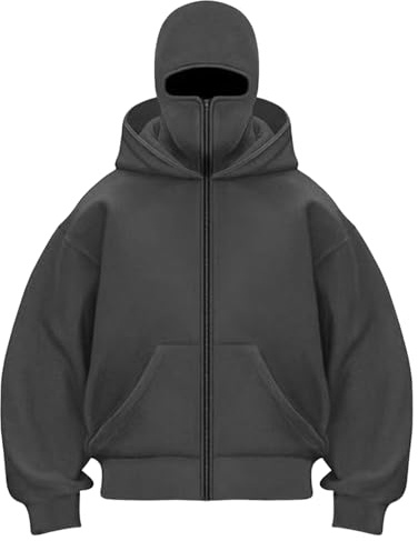 Generisch Balaclava Zip Hoodie Herren Damen Einfarbig Kapuzenpullover Warm mit Sturmhaube Casual Hoodie mit Reißverschluss und Tasche Lockeres Sweatjacke Y2K Tops