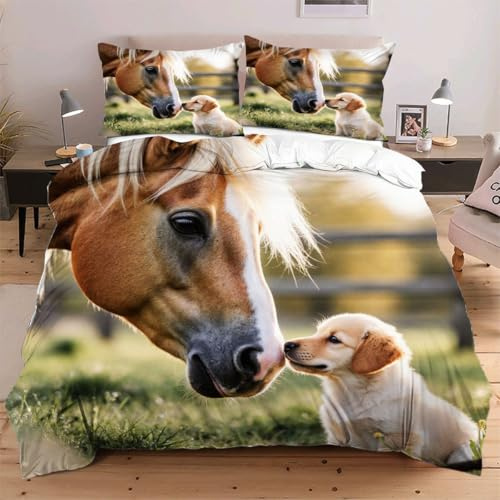 Nuphtun Completo Letto 140x200 Cavalli Cani, Set con Copripiumino e 2 Federe, Tessuto in Microfibra Resistente, Ideale per Uso Quotidiano, Mantiene la Forma e il Colore nel Tempo B188