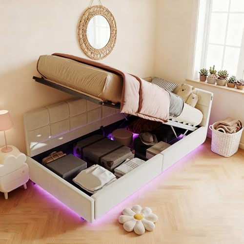 Poeahu Lit Coffre 90x200 avec LED et USB C, Canapé Lit 1 Place avec Rangement hydraulique et Tete de Lits, Lits 1 Personne Canapé LIT Simple Rembourré LIT Banquette avec Sommier à Lattes