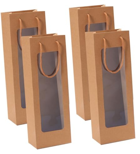 VERDANVERSE Weintaschen mit Sichtfenster und Griffen aus Kraftpapier 4 Stück Stilvoller Weinflaschenträger Praktische Geschenktüten für Partys und Bankette für Weinflaschen
