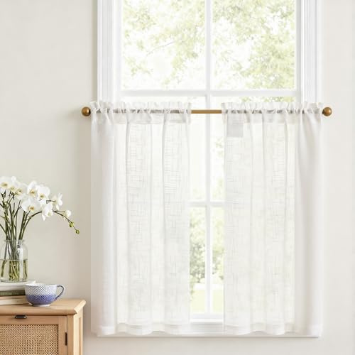 Vangao Rideau Cuisine Voilage Blanc Salon Chambre Fenetre Placard 65L x 90H cm 2 Pièces Rideau sous evier court Petit Passe Tringle Moderne Interieur Tamisant Polyester Rideaux brise-bise Voile Boheme
