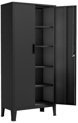 YOUDENOVA Aktenschrank,180 x 80 x 40 Metall Aktenschrank Abschließbar mit 2 Türen,Mehrzweckschrank mit 5 Ebenen,Mehrzweckschrank mit verstellbare Ablagen Schwarz