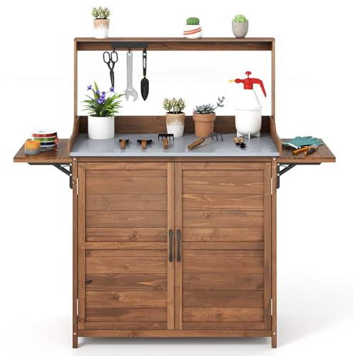 RELAX4LIFE Table de Rempotage d'Extérieur, Table de Jardin en Bois avec Armoire Inférieure, Plateau de Travail en Métal, Étagère Réglable à 3 Niveaux & Rangements Latéraux pour Jardin Balcon Terrasse