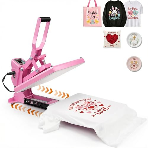 Verbesserte Heißpresse 38 x 38 cm, Transferpresse für T-Shirts, digitale Steuerung, DIY Wärmetransferpresse Ausziehfunktion mit 5 DTF-Transferfolien, Hitzepresse für T-Shirts, Taschen (Rosa)