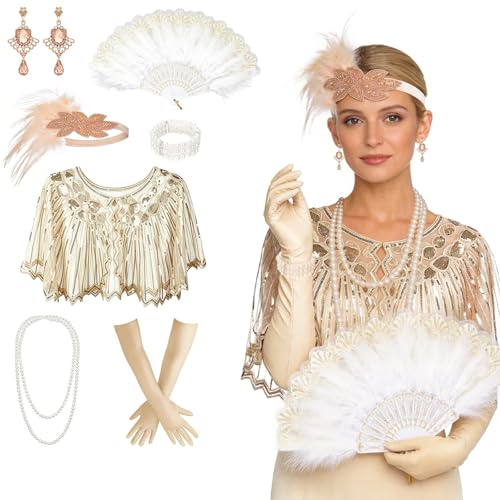 8 PCS Accessoire Année 20 Femme, Great Gatsby Costume Accessoires Set | Robe Charleston Femme de Mode Set Pour Halloween Carnaval Cosplay Soirée Rétro