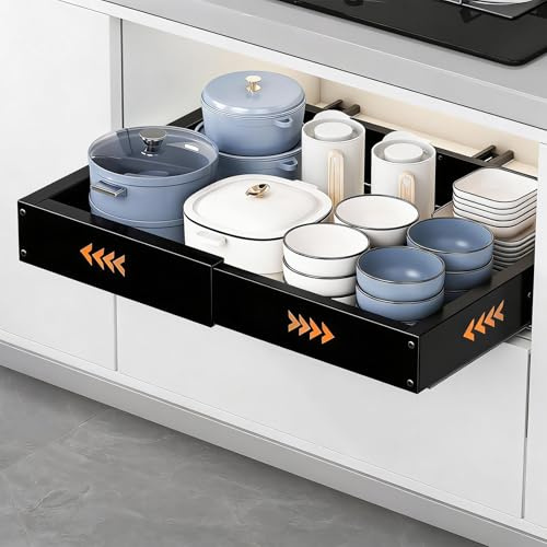 HONZUEN Ausziehbare Küchenschublade, 4-fach verstellbare Teleskopschublade | Carbonstahl, rostfrei | 29–48 × 41,5–55 cm| Bis 25 kg Tragkraft | Klebe- oder Schraubmontage | Küche, Bad & Speisekammer