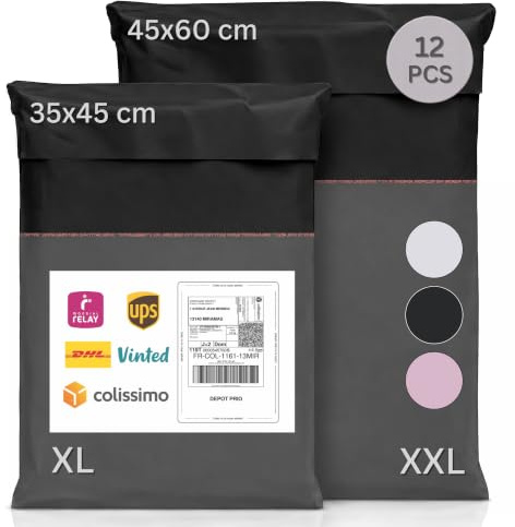 Zenacasa - 12 Vinted paketfraktpåsar - Storlek XL/XXL - Slitstarka, ogenomskinliga och vattentäta plastkuvert, svarta