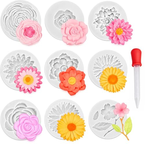 9 Pièces Moules Silicone Fleurs 3D, Moule Silicone Fleur Alimentaire avec Pipette - Formes Réutilisables pour Bougie, Savon, Résine Époxy, Chocolat, Fondant, Bonbon, Décoration Gâteau