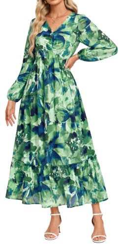 GRACE KARIN Women's Floral Dress with Pockets V-Neck Long Sleeve Maxi A-Line Casual