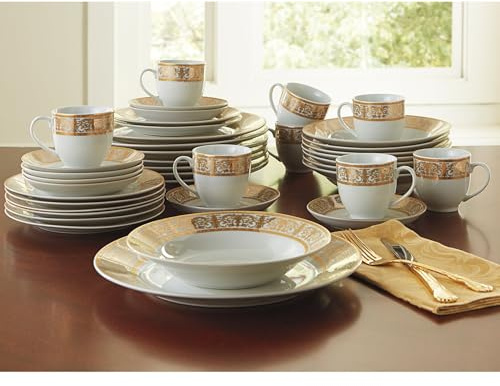 BrylaneHome 40 Piece Medici Porcelain Dinnerware Set (Service For 8), Includes Dinner & Dessert Plates, Bowls, Cups & Saucers, Elegant Gold Rim Pattern - Gold White