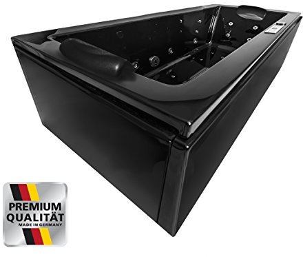 Whirlpool Badewanne Relax Profi – Schwarz – Made in Germany – (180x80 cm) Eckmontage Links oder Rechts – mit 22/24 Massagedüsen, ohne Armaturen, Ozon Desinfektion, Heizung, LED, Bluetooth-Radio
