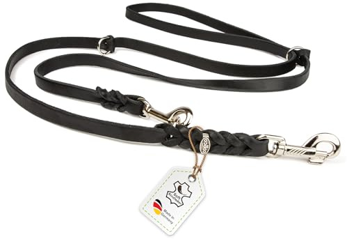 Hundeleine Leder 2m mittelgroße Hunde Fettlederleine [3-Fach Verstellbar] Lederleine geflochten – robuste Leine Hund mit Chrombeschlägen – Führleine Hund & Freihandleine – Dog Leash Schwarz 12mm