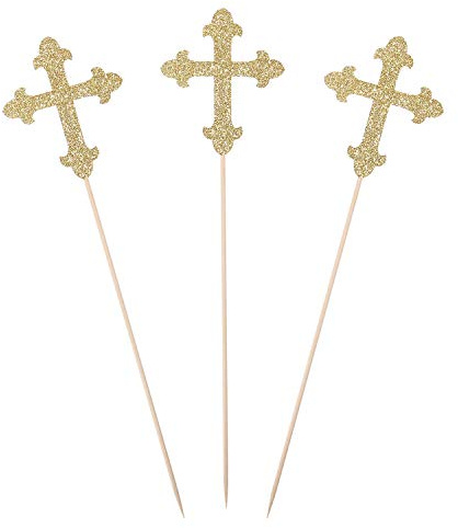 Gold Glitter Cross Centerpiece Sticks for Baptism Christening Party Decorations - Set of 10
