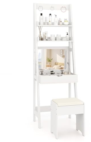 COSTWAY Schminktisch mit Hocker, 3 in 1 Frisiertisch in Leiterform mit Klappspiegel, Kosmetiktisch mit 2 Ablagen & 3 Haken, Make up Tisch weiß für Schlafzimmer, 60 x 40 x 180 cm