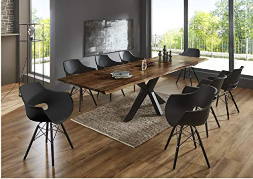 SAM 9tlg. 200 (300) x 100 cm Spencer, Akazienholz nussbaumfarben & massiv, Baumkantentisch mit 2 Ansteckplatten, Spider-Gestell schwarz + 8X Schalenstuhl Lea schwarz