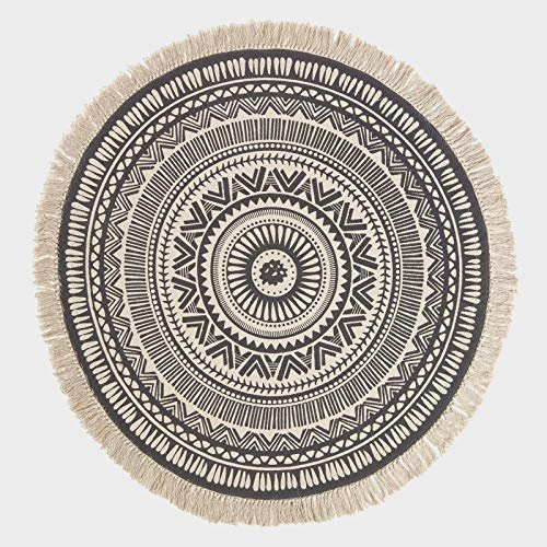HOMESCAPES Tappeto bianco e nero 100% cotone rotondo mandala largo 145 cm con nappe tessuto a mano bohemien chic tappeto per soggiorno e camera da letto
