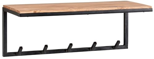 FineBuy Wandgarderobe 70x30x27 cm Akazie Massivholz mit Hutablage | Garderobenpaneel Industrial mit Hakenleiste, Ablage für Hüte und Taschen, Garderobenleiste aus Echtholz mit Baumkante