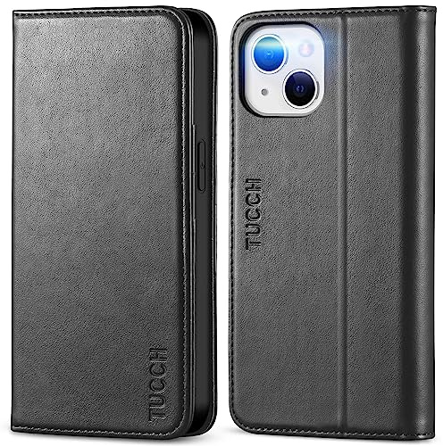 TUCCH Hülle kompatibel mit iPhone 13 (6,1) 2021, Schwarz | Flip Case, Handyhülle mit TPU, Standfunktion, Kartenfach, Schutzhülle für iPhone 13, Klapphülle, Handytasche