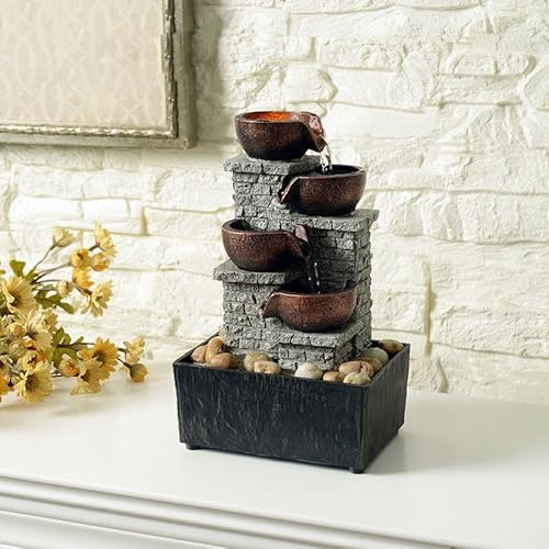 Kalona 4-Tier Indoor Waterfall Tabletop Fountain with LED Lights and Natural Rocks, Cascading Bowl Desk Fountain for Home and Office Decoration, Relaxing Water Feature (21132B)