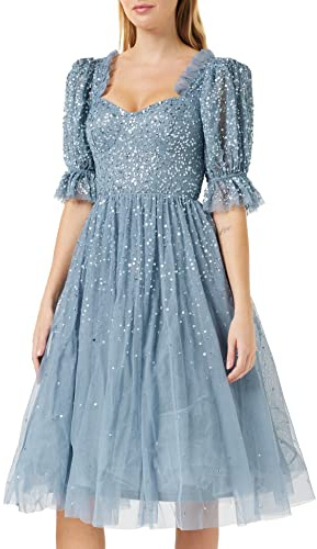 Maya Deluxe Damen Ladies Dress for Women Midi Sequin Embellished Frilly Sweetheart Neckline Puffed Sleeves for Wedding Guest Prom Evening Kleid (1er Pack)