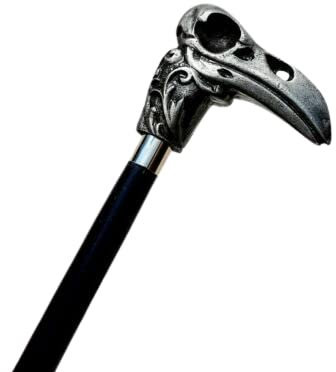ANTIQLICIOUS Canne de marche en bois avec manche en forme de tête de mort de corbeau avec 2 plis en métal durable pour les amateurs de Reavn