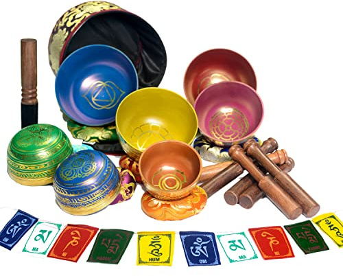 Tibetan Singing Bowl Set Of 7, Authentic 7 Metals, 7 Chakra Colors Mantra Chant Decorated Himalayan Singing Bowl For Chakra Healing, Meditation, Deep Relaxation, Stress Relief, Handmade In Nepal