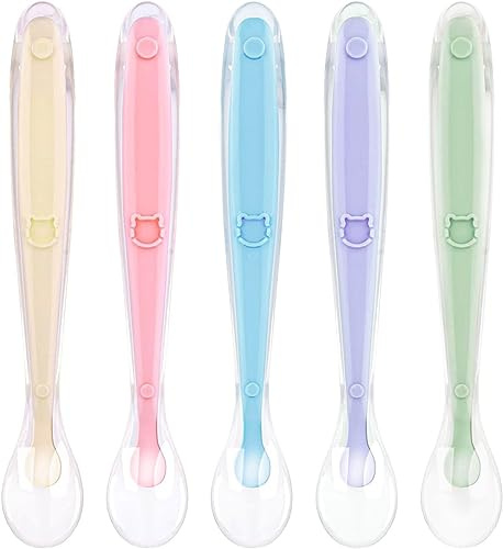 Vicloon Cucharas Bebé Silicona, 5 Piezas Cucharas de Aprendizaje para Bebe, Silicona Suave Cuchara de Punta de alimentación para Bebés, Antibacteriana Juego de Cubiertos para Bebés 0 años+