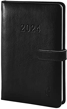 Chronoplan 50824 bokkalender kalendarium 2024 (möteskalender A6 (95 x 145 mm) inbunden av högkvalitativt läderimitation, veckoplanering, 1 vecka på 2 sidor, inklusive magnetlås, pennhållare) svart