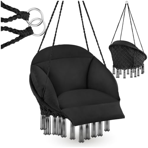 tectake® Fauteuil Suspendu Relax style boho Ø80cm, Design Intérieur & extérieur Fauteuil Relax max. 160kg Fauteuil de Lecture Cocooning 1 Place, pompons, Coussin Chaise XXL Moelleux épaisseur 10-12 cm