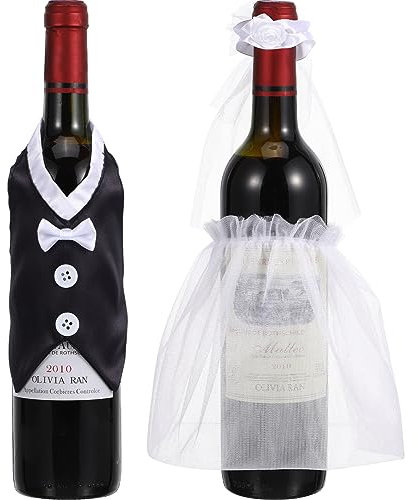 BESTonZON 4 Stück Hochzeits Weinflaschen Set Für Paare, Hochzeits Weinflaschen Dekorieren Set, Flaschendeko Braut Und Bräutiga, flaschen-Dekorationen Für Hochzeit Tischdeko,