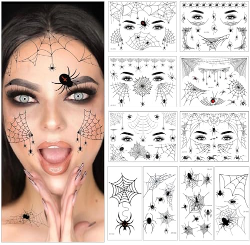 10 Blätt Halloween Spinnen Tattoo,Spinnen Temporäre Tattoos,Spinnennetz Gesicht Temporäre Tattoo, Gesicht Spinnentattoos, Spinnennetz Gesicht Temporäre Tattoo für Halloween Zubehör Karneval Party