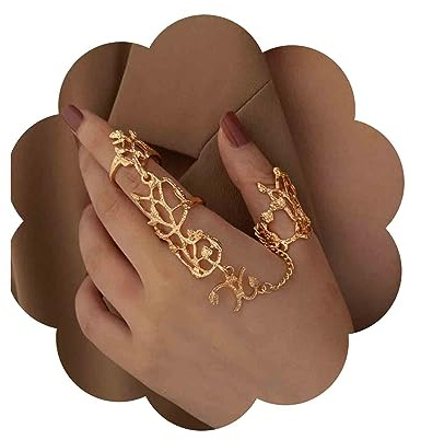 Aneneiceera Bague Vintage Gothique Deux Doigts - Punk Harnais Réglable Bijoux Pour Femmes et Filles (Or)
