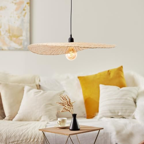 Lightbox kürzbare Hängelampe - Ø 60 cm - Boho Pendelleuchte mit geflochtenem Bambus Schirm - E27, max. 52 W - aus Bambus - in Schwarz/Natur