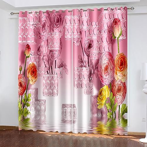 Skcess Verdunkelungsvorhänge, Vorhang Verdunkelung Gelb Weiß Frühlingsblumen und Pirol Vorhang Polyester Gardinen 2er Set 132x160cm(WxH)