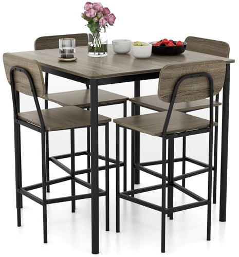 GIANTEX 5-Piece Dining Table Set W/Counter Height Table & 4 Bar Stools, Modern Kitchen Dining Set W/Footrest & Backrest, Space-Saving Dinette Set for Pub, Dining Room, Restaurant (Black Oak)